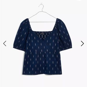 NWT Madewell Jacquard puff-sleeve empire top Sizes S & XS Dark Blue & White